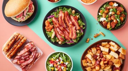 A creative flat lay of various bacon dishes, including bacon sandwiches, salads with bacon bits, and a side of crispy bacon strips, showcasing versatilityの素材