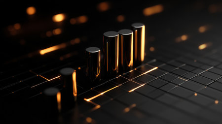 A dynamic D bar graph on a black background, with sleek metal bars, a glowing grid, and a futuristic feel, perfect for illustrating progress or trends.の素材