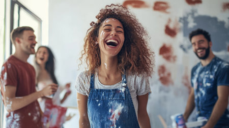 A dynamic shot of a group of friends having fun while painting a room together, laughing and splattering paint, capturing the joy of collaboration in home improvement.の素材