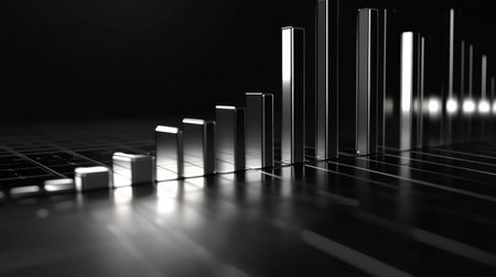 A dynamic D bar graph on a black background, with sleek metal bars, a glowing grid, and a futuristic feel, perfect for illustrating progress or trends.の素材