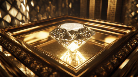 A dramatic shot of a diamond placed inside an open jewelry box, with soft lighting illuminating the stone and the intricate box designの素材