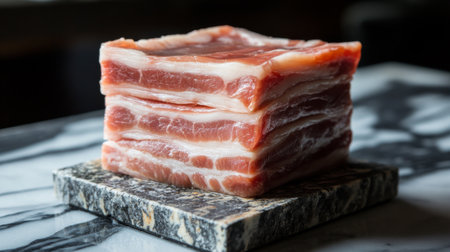 A dramatic image of fresh pork belly on a marble countertop, highlighting the layers of fat and meat, evoking thoughts of delicious cooking possibilitiesの素材