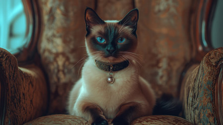 A fluffy Siamese cat wearing a soft velvet collar with a small charm, sitting gracefully on a plush chair, gazing directly into the camera with bright blue eyes.の素材