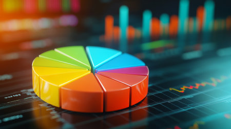 A dynamic financial pie chart with bright, segmented slices showing business income allocation, overlaid on a blurred stock market graph for a high-tech feel.の素材