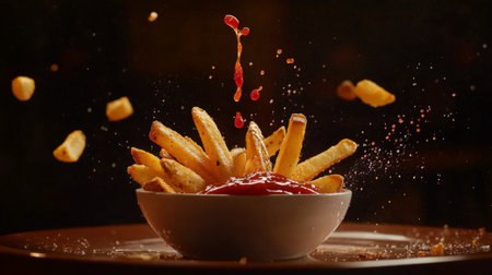 A dynamic shot of a plate of crispy French fries being dipped into a small bowl of ketchup, with droplets of sauce splashing, showcasing the perfect pairing of flavors.の素材