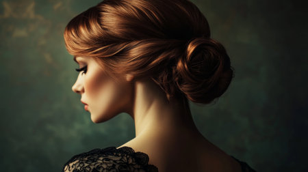 A graceful image of a woman with a classic chignon hairstyle, elegantly dressed for an evening event, with soft lighting emphasizing her refined look.の素材