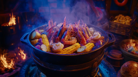 A delightful seafood boil served in a large pot, filled with shrimp, corn, and potatoes, with spices and herbs, evoking the warmth of a communal feastの素材