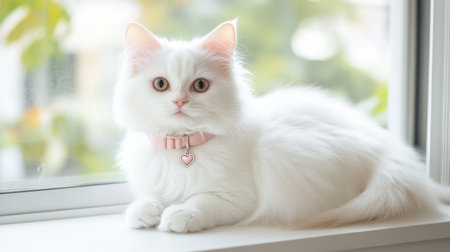 A fluffy white kitten wearing a pastel pink collar with a tiny heart charm, sitting on a windowsill and gazing outside with wide, innocent eyes.の素材