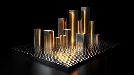 A dynamic D bar graph on a black background, with sleek metal bars, a glowing grid, and a futuristic feel, perfect for illustrating progress or trends.の素材