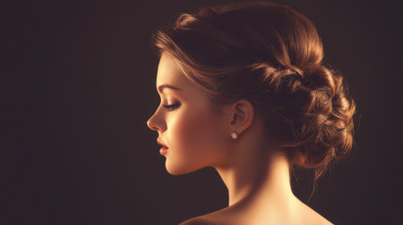 A graceful image of a woman with a classic chignon hairstyle, elegantly dressed for an evening event, with soft lighting emphasizing her refined look.の素材