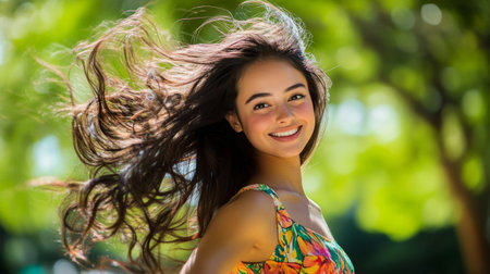 A dynamic shot of a woman twirling her long hair in a playful manner, wearing a bright sundress, with a vibrant green park background enhancing the joyful vibe.の素材