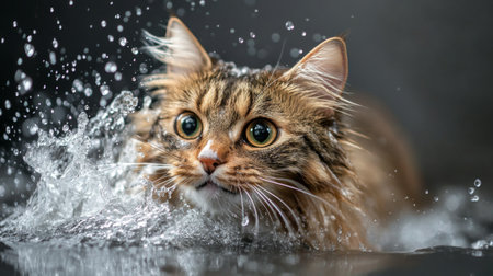 A dynamic photo of a cat splashing water playfully while trying to escape the bath, emphasizing the amusing antics of pets during their grooming sessions.の素材