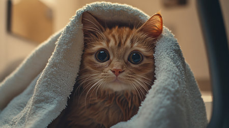 A heartwarming image of a cat being lovingly dried off with a soft towel after a bath, showcasing the bond between pets and their owners during grooming routines.の素材