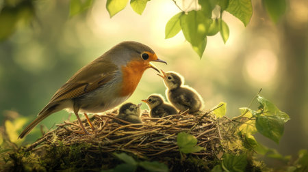 A heartwarming image of a mother bird feeding her chicks in a cozy nest, showcasing the nurturing bond between parent and offspring in a serene outdoor setting.の素材