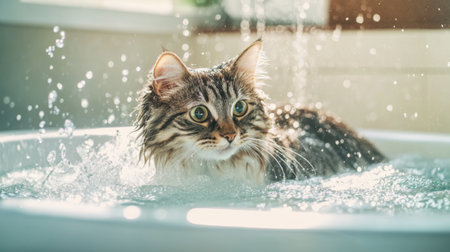 A playful image of a fluffy cat cautiously stepping into a bathtub filled with warm water, with splashes around, capturing the curiosity and hesitation of pets during bath time.の素材