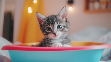 A playful shot of a curious kitten exploring a colorful litter box, with soft fur and bright eyes, capturing the innocent curiosity of young cats in a home setting.の素材