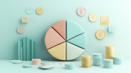 A minimalist financial pie chart with pastel-colored slices, displaying income distribution, with financial icons and subtle shadows on a light background.の素材