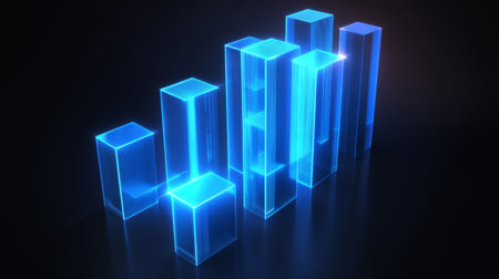 A high-tech D bar graph with glowing blue bars and digital numbers floating around them, symbolizing complex financial data and analysis.の素材