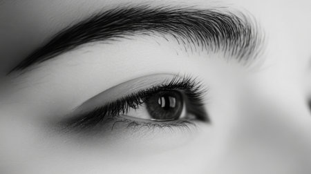 A minimalist beauty image focusing on a pair of well-groomed, thick eyebrows, with flawless skin and natural lighting, perfect for a beauty tutorial or skincare concept.の素材