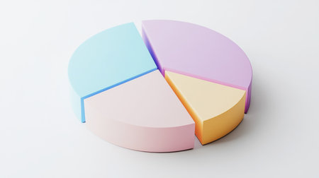 A minimalist D pie chart with pastel-colored slices, smoothly separated to reveal individual sections, placed on a clean white background.の素材