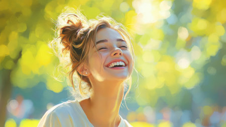 A playful portrait of a woman with a messy bun and a few loose strands, laughing and enjoying a sunny day at the park, embodying a carefree and natural beauty.の素材