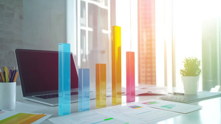 A professional financial bar chart with clear, colorful bars representing monthly income and expenses, placed on a clean workspace background with business documents and a laptop.の素材
