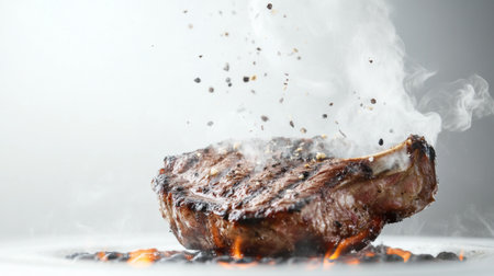 A playful shot of a steak being flipped on the grill, with sizzling juices and smoke captured in mid-action, against a stark white background for dramatic contrast.の素材