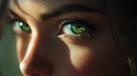 A portrait shot highlighting a woman's stunning green eyes, her gaze focused in the distance with a natural expression, surrounded by soft lighting.の素材