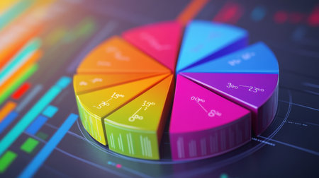 A rotating D pie chart with colorful, layered sections representing data, with numbers and labels floating beside each slice for clarity.の素材