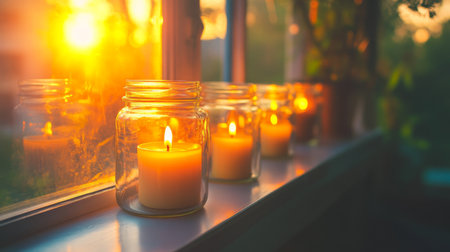 A row of scented candles in glass jars lined up on a windowsill, with soft sunlight streaming in and reflecting off the jarsの素材