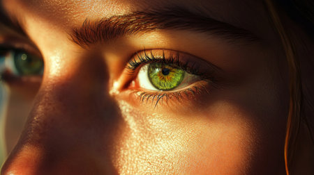 A portrait shot highlighting a woman's stunning green eyes, her gaze focused in the distance with a natural expression, surrounded by soft lighting.の素材