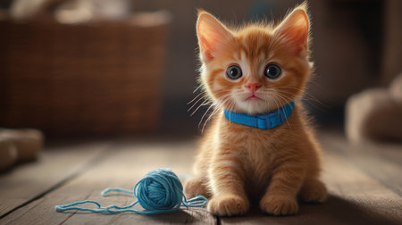 A playful ginger kitten wearing a bright blue collar, sitting on a wooden floor, with a ball of yarn tangled around its paws, looking mischievous and cute.の素材