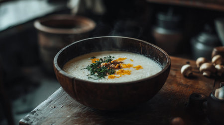 A rustic wooden bowl filled with coconut soup Tom Kha featuring chicken, mushrooms, and aromatic herbs, creating a warm and inviting Thai dining experienceの素材