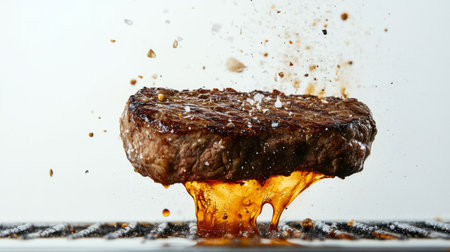 A playful shot of a steak being flipped on the grill, with sizzling juices and smoke captured in mid-action, against a stark white background for dramatic contrast.の素材