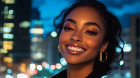 A portrait of a smiling woman with expertly blended eyeshadow and perfectly defined eyebrows, set against a chic urban backdrop that complements her stylish look.の素材