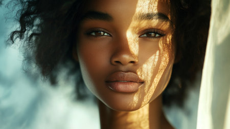 A portrait of a woman with glowing skin and defined facial features, her natural beauty highlighted by minimal makeup and a soft, blurred background.の素材