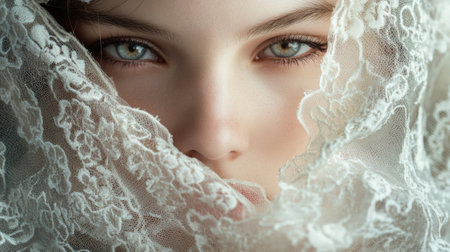 A creative close-up of a woman's face partially covered with a delicate lace scarf, highlighting her striking eyes and the texture of the fabric for a mysterious allure.の素材