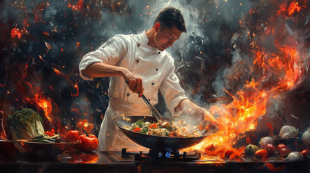 A dynamic image of a chef expertly flipping ingredients in a hot wok, with flames rising and an array of fresh produce in the background, capturing culinary action.の素材