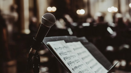 An elegant shot of a microphone set on a music stand with sheet music, emphasizing the connection between performance and the tools of musicianshipの素材