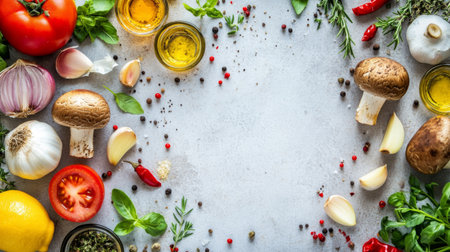 A creative flat lay of various mushroom types alongside cooking ingredients like garlic, onions, and herbs, highlighting their versatility in gourmet dishes.の素材