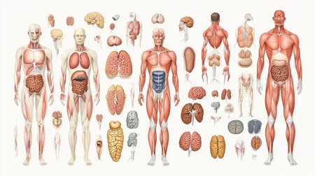 A detailed anatomical illustration of the human body highlighting major organs and systems, set against a clean white background for educational purposes.の素材