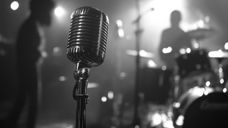 A dynamic shot of a modern condenser microphone on a sleek black stand, set against a blurred background of music studio equipment, emphasizing audio qualityの素材