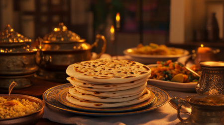 A cozy dining table set with various Indian dishes, with a stack of warm, fluffy rotis in the center, inviting guests to enjoy a delicious and communal meal.の素材