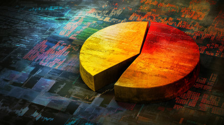 A dynamic financial pie chart with segmented slices, showing investment portfolio allocation, overlaid on a digital background filled with stock market trends.の素材