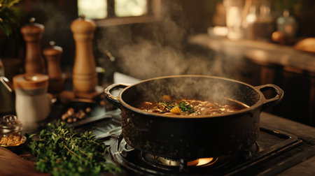A cozy kitchen scene featuring a bubbling stew in a cast-iron pot on the stove, with aromatic herbs and spices arranged nearby, evoking warmth and comfort.の素材
