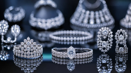 A glamorous display of various diamond jewelry pieces, including earrings, necklaces, and bracelets, elegantly arranged on a reflective surface, highlighting their shine.の素材