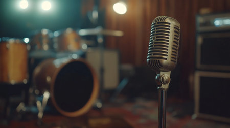 A dynamic shot of a modern condenser microphone on a sleek black stand, set against a blurred background of music studio equipment, emphasizing audio qualityの素材