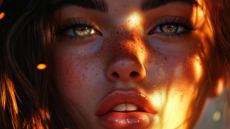 A glowing beauty portrait of a woman with perfect skin and glossy lips, her eyes captivating the viewer, with soft lighting emphasizing her facial features.の素材