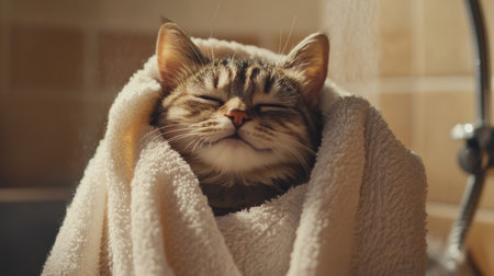A heartwarming image of a cat being lovingly dried off with a soft towel after a bath, showcasing the bond between pets and their owners during grooming routines.の素材