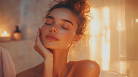A serene image of a woman with a natural makeup look, featuring soft blush and light eyeliner, enjoying a moment of self-care in a cozy, well-lit bathroom.の素材